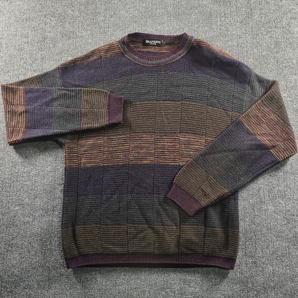 Brandini Made in Italy Mens Large Textured Stripe Crewneck Sweater Purple Grey